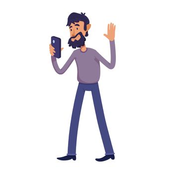 Bearded adult man taking selfie flat cartoon vector illustration. Male person having video call. Ready to use 2d character template for commercial, animation, printing design. Isolated comic hero. ZIP file contains: EPS, JPG.