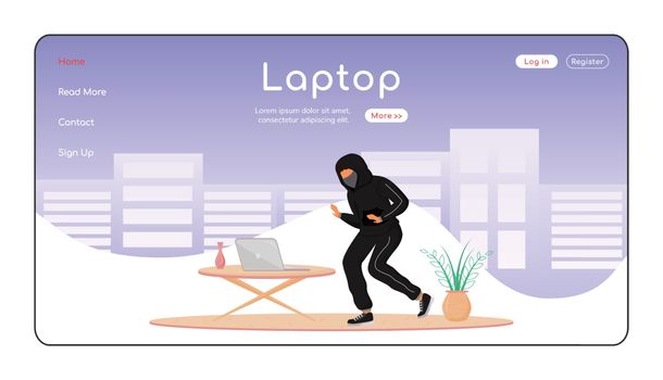 Laptop theft landing page flat color vector template. Private property thievery. Burglar tiptoeing in house. Homepage layout. One page website interface with cartoon character. Web banner, webpage