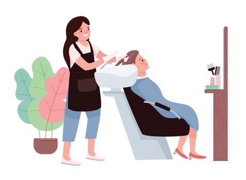 Hairdressing flat color vector characters. Female hairdresser washing client's hair. Cosmetic preparation for coloration. Professional hairstylist. Beauty salon procedure isolated cartoon illustration