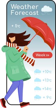 Weather forecast cartoon smartphone vector app screen. Mobile phone display, flat character mockup. Caucasian female in raincoat. Woman with umbrella. Meteorology application telephone interface