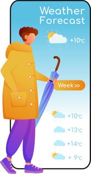 Weather forecast cartoon smartphone vector app screen. Mobile phone display with flat character design mockup. Male with umbrella. Man in raincoat. Meteorology application telephone interface