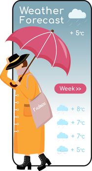 Weather forecast cartoon smartphone vector app screen. Mobile phone display, flat character design mockup. Fashionable woman on heels. Female with umbrella. Meteorology application telephone interface