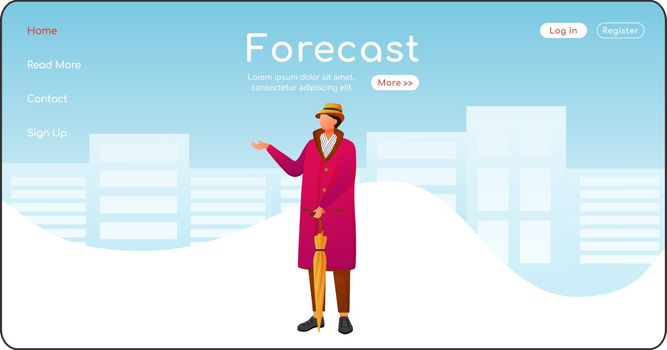 Forecast landing page flat color vector template. Staying caucasian guy in hat and scarf homepage layout. Rainy weather one page website interface with cartoon character. Wet day web banner, webpage