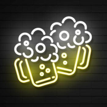 Neon lager beer Icon. Vector beer. Glass of beer isolated on brick background
