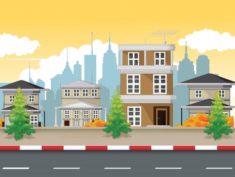 Vector Illustration of House With Road and Town Background