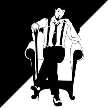 black and white line art of old-fashioned man with a cane sitting on the armchair
