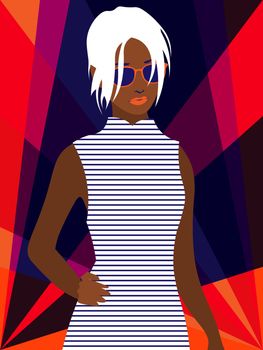 beautiful afro american woman with platinum hair in striped dress and sunglasses on bright background