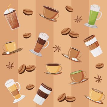 Coffee mugs flat vector seamless pattern. Matcha latte. Caramel macchiato. Striped beige background. Cappuccino texture with cartoon color icons. Holiday hot drinks wrapping paper, wallpaper design