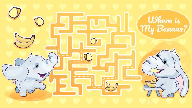 Where is my banana labyrinth with cartoon character template. Animal looking for food find path maze with solution for educational kids game. Baby elephant eating bananas printable flat vector layout