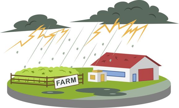 Thunderstorm at farm cartoon vector illustration. Thunder and lightning. Heavy rain and hail. Extreme weather conditions. Calamity. Flat color natural disaster isolated on white background