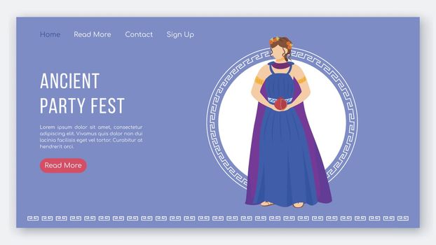 Ancient party fest landing page vector template. Greek myth gods. Persephone mythology website interface idea with flat illustrations. Homepage layout, web banner, webpage cartoon concept