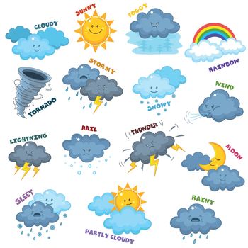 Set of icons for children with different weather. Image of the sun, clouds, rain, month, thunder, wind, hail, snow, lightning and tornado.