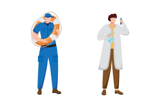 Maritime professions flat vector illustration. Sailor with lifebuoy. Nautical research. Scientist in white coat. Coast guard and marine researcher isolated cartoon characters on white background