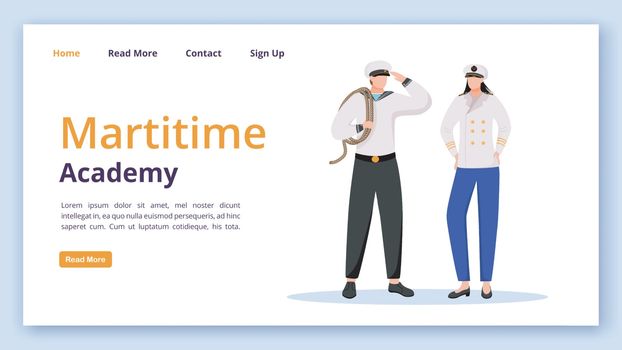 Maritime academy landing page vector template. Nautical school website interface idea with flat illustrations. Students homepage layout. Sailors web banner, webpage cartoon concept