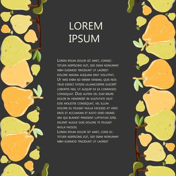 Orange and yellow pear seamless vertical border with copy space vector illustration on black. Set for design, banner, menu, poster.