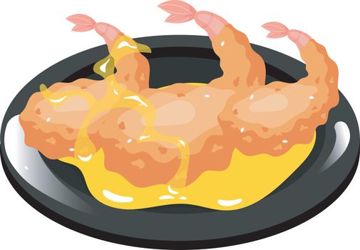 Chinese king prawn color icon. Asian seafood coooked in sweet and sour sauce. Eastern traditional cuisine. Fried spicy shrimp in breadcrumbs on black plate. Isolated vector illustration