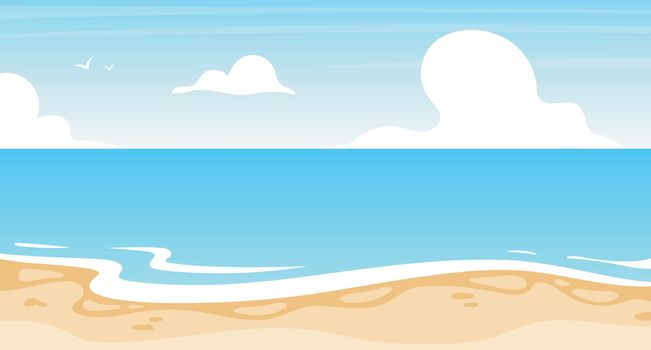 Beach flat flat vector illustration. Summer ocean, sea scenery backdrop design. Vacation resort, island coastline. Sunny paradise, turquoise lagoon. Seascape cartoon background, wallpaper