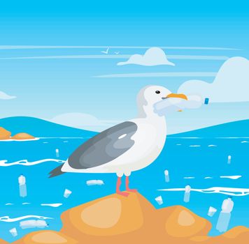 Seagull with plastic bottle flat vector illustration. Nature damage. Ecological catastrophe. Plastic pollution in ocean problem. Bird holding in beak disposable container cartoon character