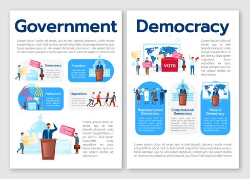 Political system metaphor brochure template. Types of democracy. Flyer, booklet, leaflet print, cover design with flat illustrations. Vector page layouts for magazines, reports, advertising posters