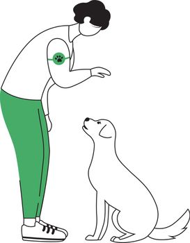 Animal adoption flat contour vector illustration. Pet owner training dog isolated cartoon outline character on white background. Man rescuing abandonned, homeless doggy simple drawing