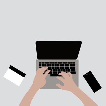 Working on laptop, illustration, vector on white background.