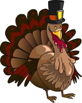 Brown turkey with a hat, illustration, vector on white background.