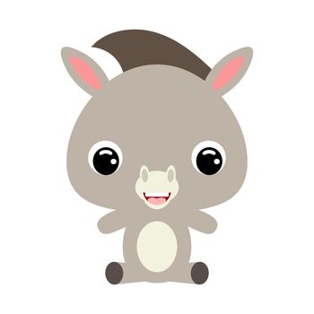 Cute little sitting donkey. Domestic animal. Cartoon character for baby print design, kids wear, baby shower celebration, greeting, invitation card. Flat vector stock illustration on white background