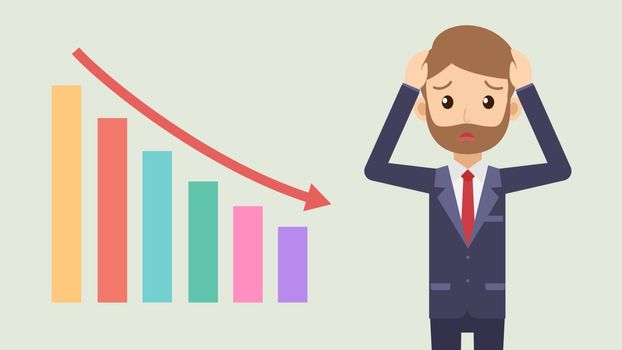 Stressful businessman with graph falling down - Vector illustration