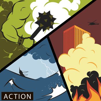 Comic wars. Action movie poster concept. Vector illustration in flat style.