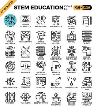 STEM (science,technology,engineering,math) education concept detailed line icons set in modern line icon style concept for ui, ux, web, app design