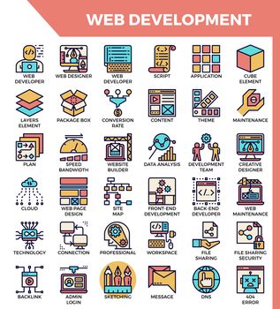 Web development concept detailed line icons set in modern line icon style for ui, ux, web, app design