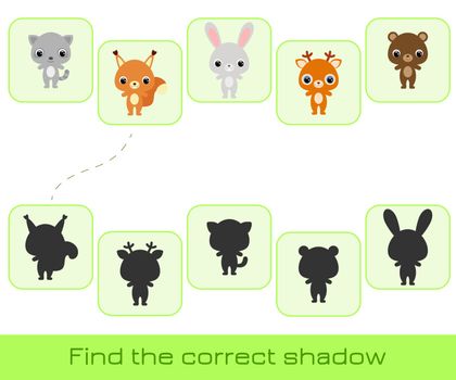 Clip cards game template find correct shadow. Matching game for children. Educational activity for preschool years kids and toddlers. Set of cartoon animals. Vector stock illustration.
