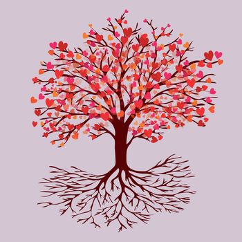 A tree of life with heart shaped red leafs of blossom. Al tints are red, pink and orange