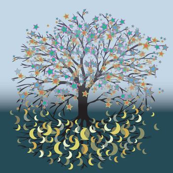 A vector illustration of a tree of life with star flowers. In the roots are moons