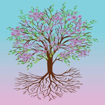 A tree of life with pink blossom and green leafs