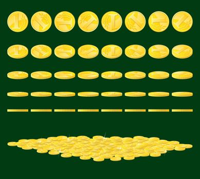 Golden coin rotated in various positions and heap of coins. Adobe Illustrator EPS8 file.