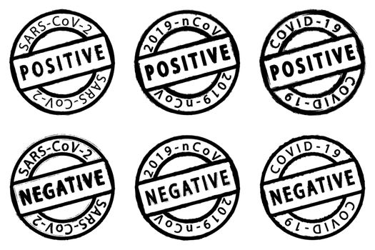Covid19 virus health test pass circle grunge stamp set. 2019 nCov positive and negative round distress mark set. Sars cov-2 world pandemy creative design template collection. EPS10 vector illustration