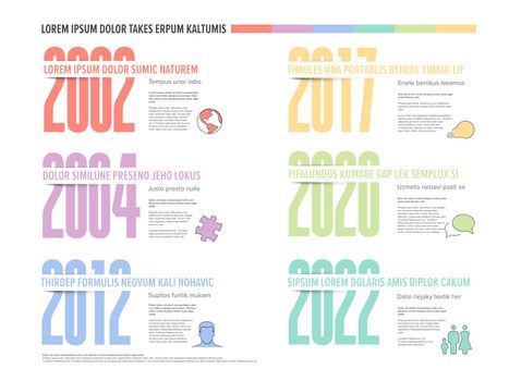 Vector light pastel time line template with six big year numbers, descriptions and icons
