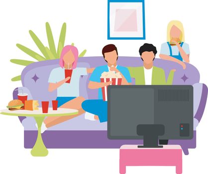 Friends watching movie together flat illustration. Guys and girls spending time, pastime at home with TV cartoon characters. Best friend watch television, eat snacks and popcorn. Friendship concept