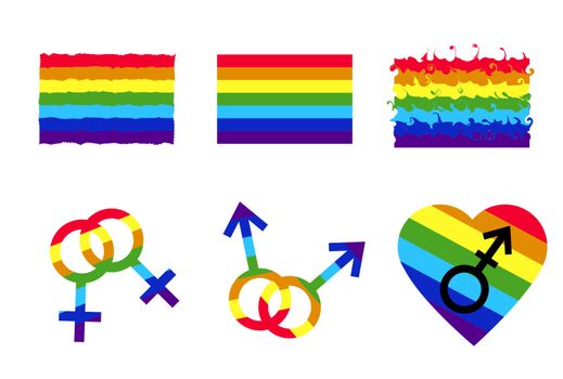 Rainbow flag set. LGBT gay and lesbian pride symbols, star, heart. Icons template. Modern flat vector illustration stylish design element.