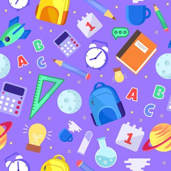 Vector seamless pattern in cartoon style with school objects. Pattern with a globe, books, rulers, pencils, buttons and other objects. Back to school. Conceptual background.