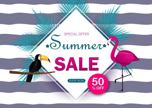 Summer sale banner modern design with flamingo, toucan and tropical leaves background.