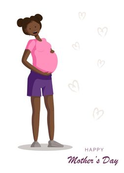 International Mother's Day. Women's Day. Young pregnant african american. Women's background for stories, banner, mother's background. Pale pink and white shades. Vector illustration.