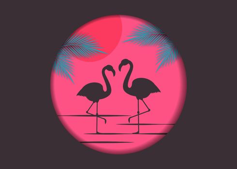 Hello summer background. Cool flamingo with palm vector illustration.