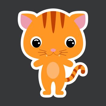 Children's sticker of cute little cat. Domestic animal. Cartoon character for baby print design, kids wear, baby shower celebration, greeting and invitation card. Flat vector stock illustration