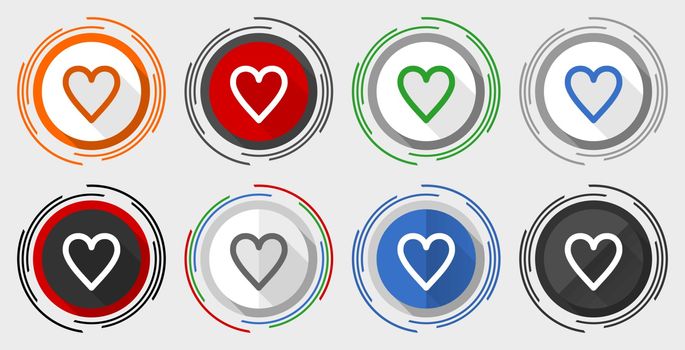 Heart vector icon set, modern design flat graphic in 8 options for web design and mobile applications