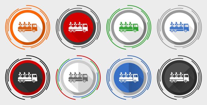 Truck vector icon set, plants and trees delivery modern design flat graphic in 8 options for web design and mobile applications