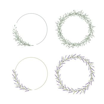 Floral frame decoration for wedding and invitation card. Flower and leaf design circle template. Eucalipus and lavender branch. Green organic decor. Vector illustration lavender leaf pattern