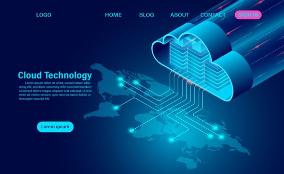 World cloud technology concept. online computing technology. big data flow processing concept on map. isometric flat design vector illustration