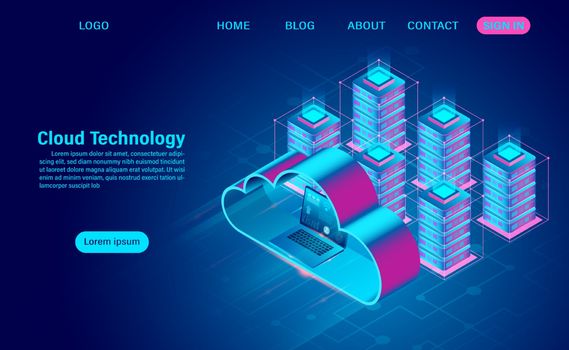 Cloud technology concept. online computing technology. big data flow processing concept. isometric flat design vector illustration